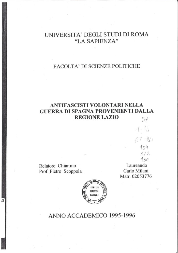 Antifascisti volontari nella Guerra di Spagna provenienti dalla regione Lazio