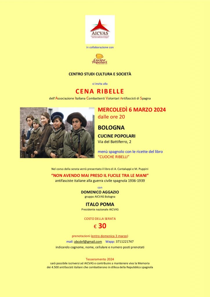 Cena Ribelle a Bologna Mercoledì 6 marzo